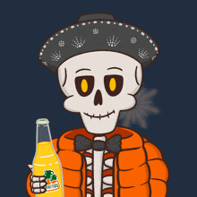 a cartoon of a skeleton holding a bottle of jarritos soda