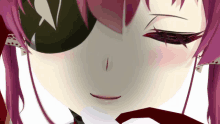 a close up of a girl 's face with pink hair and red eyes
