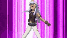 a cartoon character is standing in front of a purple background with his fist in the air .