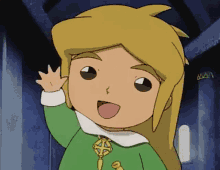 a cartoon character with blonde hair and a green shirt is waving at the camera .