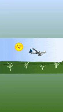 a drawing of a plane flying over a grassy field with a smiley face in the sky