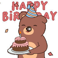 a teddy bear wearing a party hat is holding a birthday cake with a lit candle