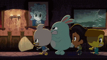 a group of cartoon characters are standing in a room