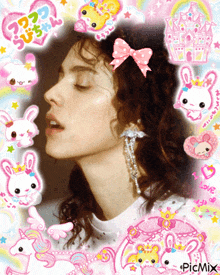 a picture of a woman surrounded by pink and white rabbits and unicorns with the words picmix at the bottom