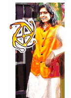 a drawing of a man wearing an orange vest and a white shirt