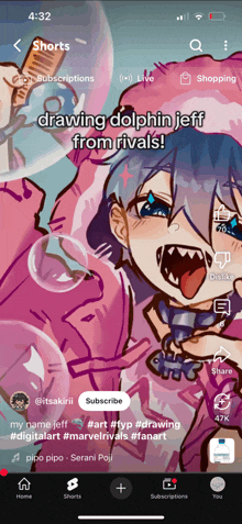 a drawing of dolphin jeff from rivals on a phone screen