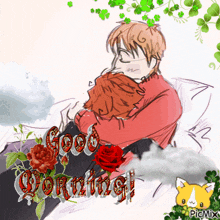 a drawing of a man hugging another man with the words good morning on the bottom