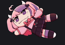 a cartoon character with pink hair and purple eyes is laying down