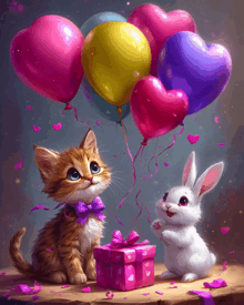 a painting of a kitten and a rabbit with balloons in the shape of hearts