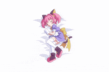a girl with pink hair and a cat ear is sleeping