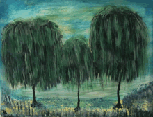 a painting of three trees with rc written on the bottom
