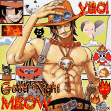 a picture of a man with the words good night meow written on it