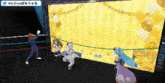 a pixel art drawing of a man and two girls dancing in front of a yellow sign that says happy birthday