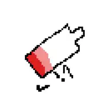 a pixel art drawing of a bottle of ketchup with red hearts around it