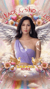 a lady wearing a purple dress is surrounded by hearts and flowers with the words peace and love above her