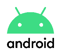 a logo for android with a green face and white eyes