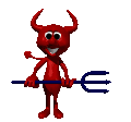 a cartoon devil is holding a trident and a stick .
