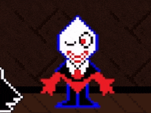 a pixel art drawing of a skeleton in a red and white suit .