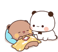 a cartoon bear is sleeping next to another bear who is looking at a cell phone