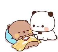 a cartoon bear is sleeping next to another bear who is looking at a cell phone