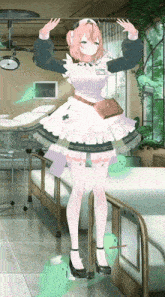 a girl in a maid outfit is standing in a hospital