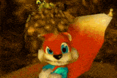 a cartoon squirrel is standing next to a frog in a cave .