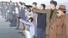 a group of people are standing in a line with guns