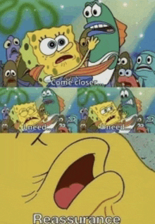 a cartoon of spongebob saying come closer and kneel