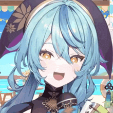 a close up of a girl with blue hair wearing a hat and a microphone .