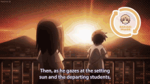 a boy and a girl are standing on a balcony looking at the setting sun