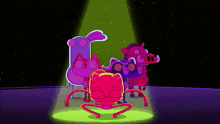 a group of cartoon characters are standing in a dark room with a green light shining on them
