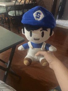 a person is holding a stuffed toy with the letter s on it 's hat