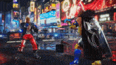 two fighters are fighting in a video game with a police car in the background