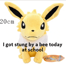 a stuffed animal with the words " i got stung by a bee today at school " on it