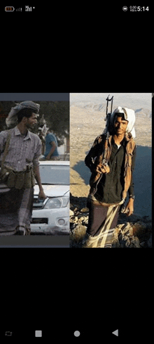 a man with a gun is standing next to a car and a man without a gun is standing next to a car .
