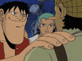 a cartoon of luffy and roronoa zoro looking at each other