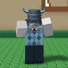 a cartoon character wearing a plaid vest and horned hat