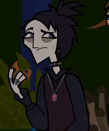 a cartoon character wearing a choker and a necklace is holding a piece of pizza