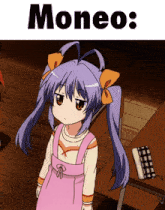 a cartoon girl with purple hair is standing in front of a desk with the words " moneo " written above her