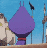 a purple cartoon character is standing in front of a group of soldiers holding shields and spears .