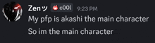 a screenshot of a discord conversation between zen and akashi