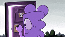 a purple cartoon character is writing on a piece of paper