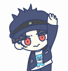 a cartoon drawing of a boy with red eyes wearing a hat with a star on it