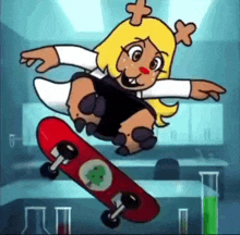 a cartoon character is jumping on a skateboard in a lab .