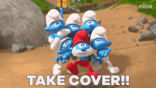 Take Cover Papa Smurf GIF - Take Cover Papa Smurf Smurfs101 GIFs