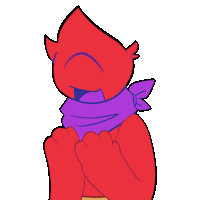 a red cartoon character wearing a purple scarf around its neck
