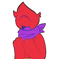 a red cartoon character wearing a purple scarf around its neck