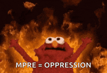 elmo is on fire with the words " mpre = oppression " above him