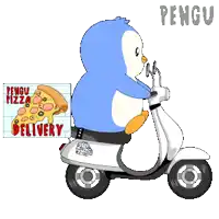 a penguin riding a scooter with a box of pizza on the back