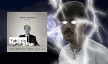 a man with a crown on his head and lightning behind him